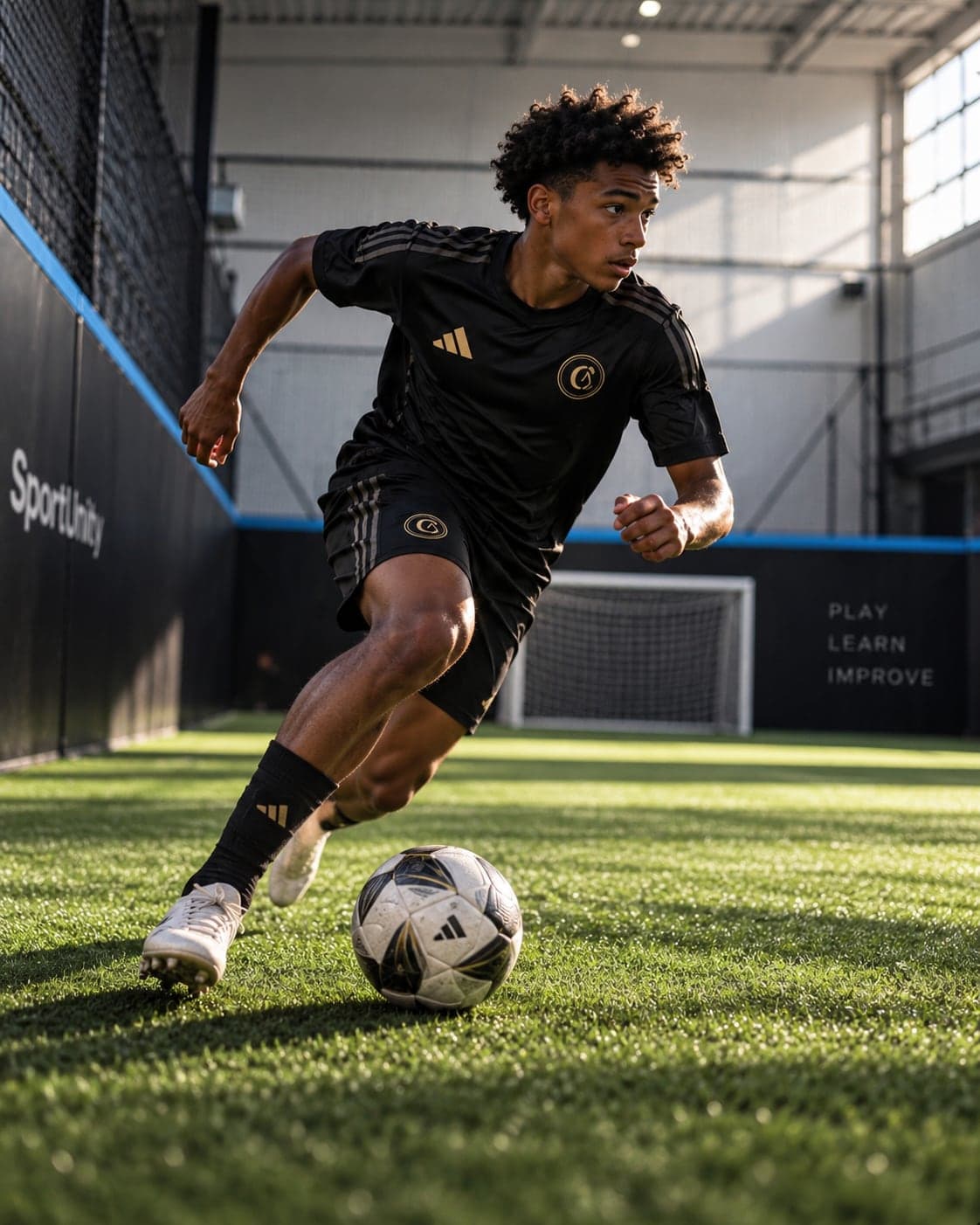 Joueur CAP en conduite de balle sur le terrain indoor de SportUnity