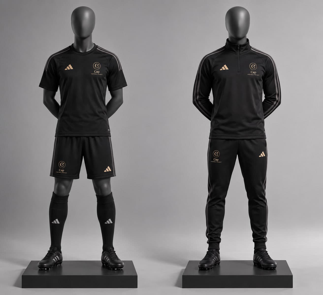 La tenue CAP adidas présentée sur deux mannequins : à gauche maillot et short noirs à l'emblème CAP doré, chaussettes et crampons ; à droite le haut à demi-zip manches longues et le bas de survêtement assortis.