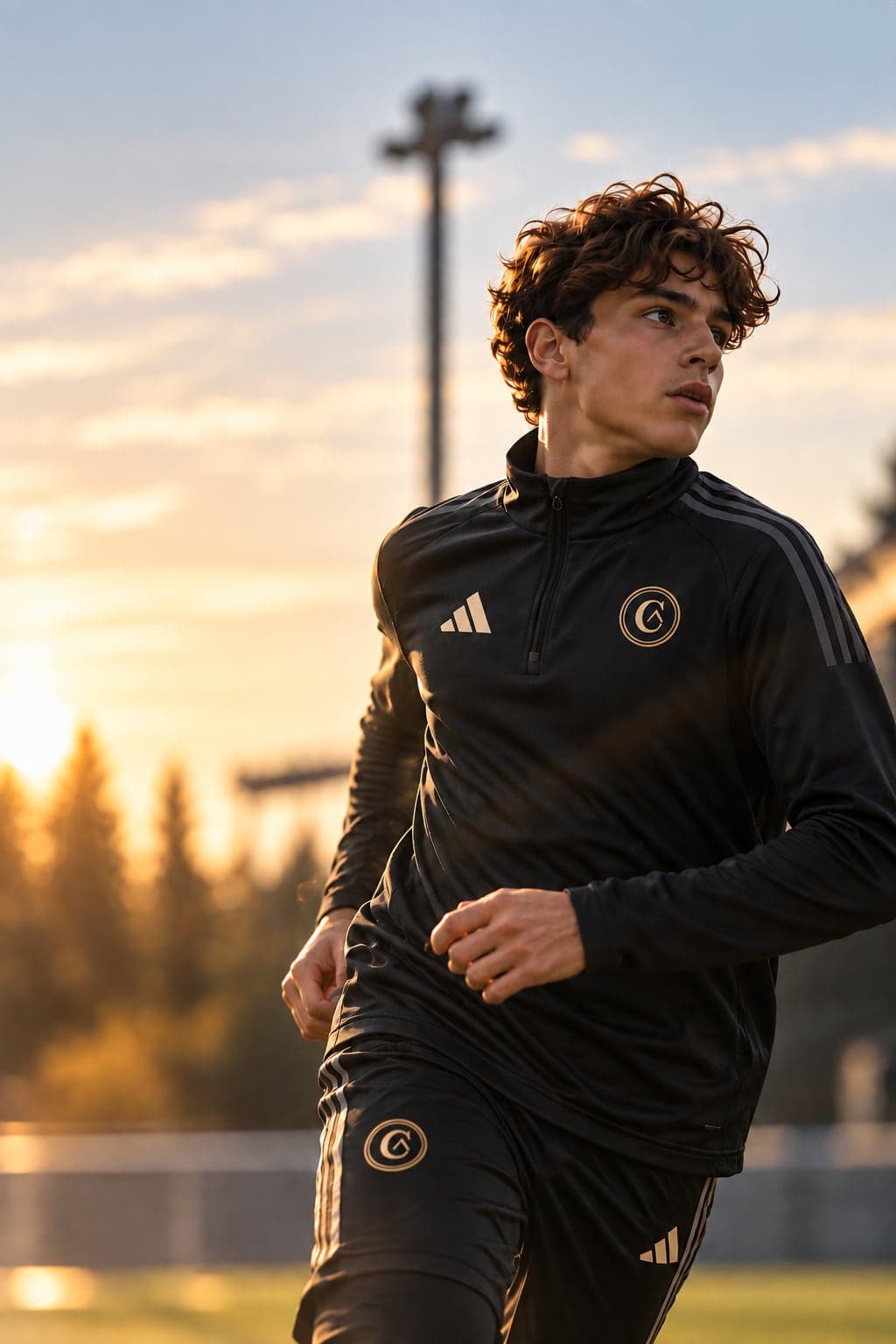 Joueur CAP en tenue d’entraînement, à l’échauffement au coucher du soleil